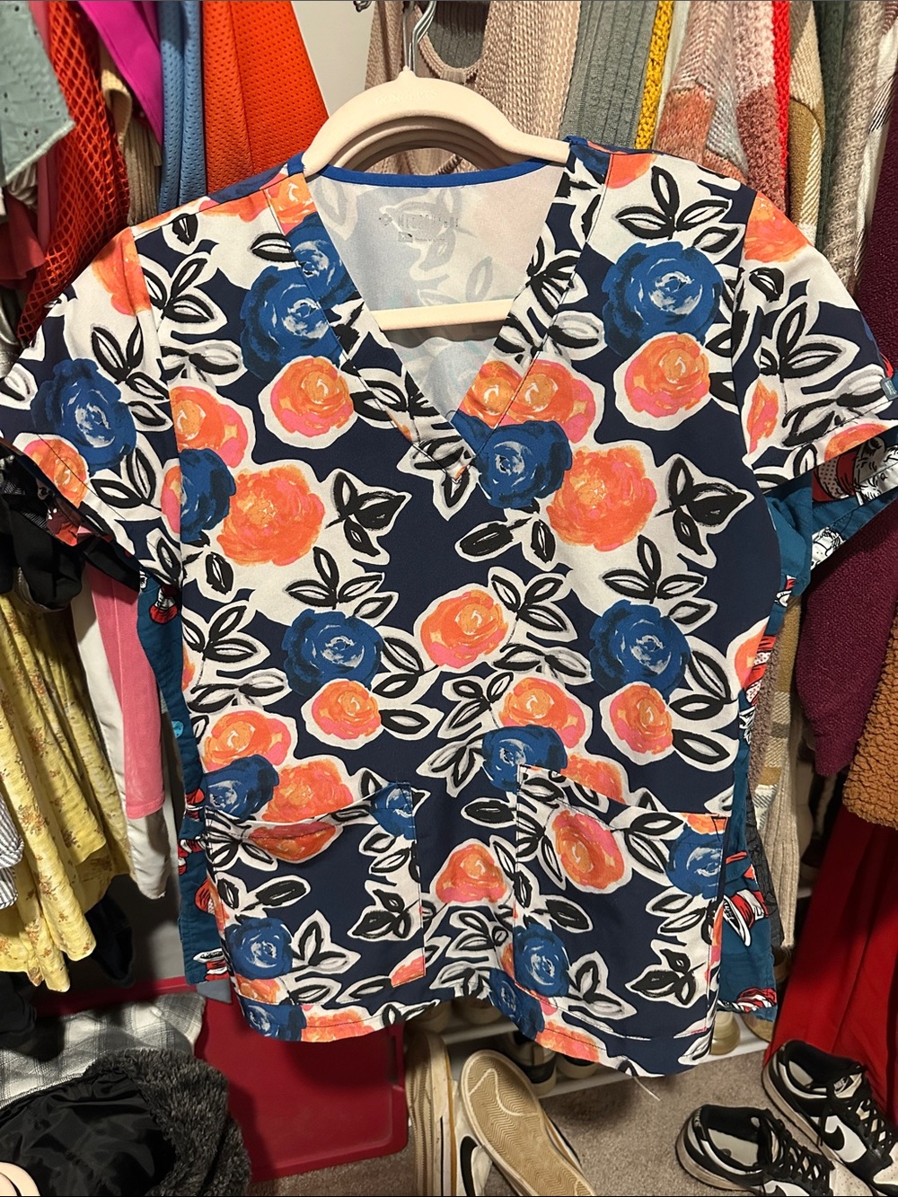 Med Couture Navy Floral V-Neck Top with Coral & Blue Roses